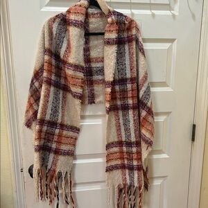 Cozy Plaid Fringe Wrap Scarf in Cream, Orange & Burgundy